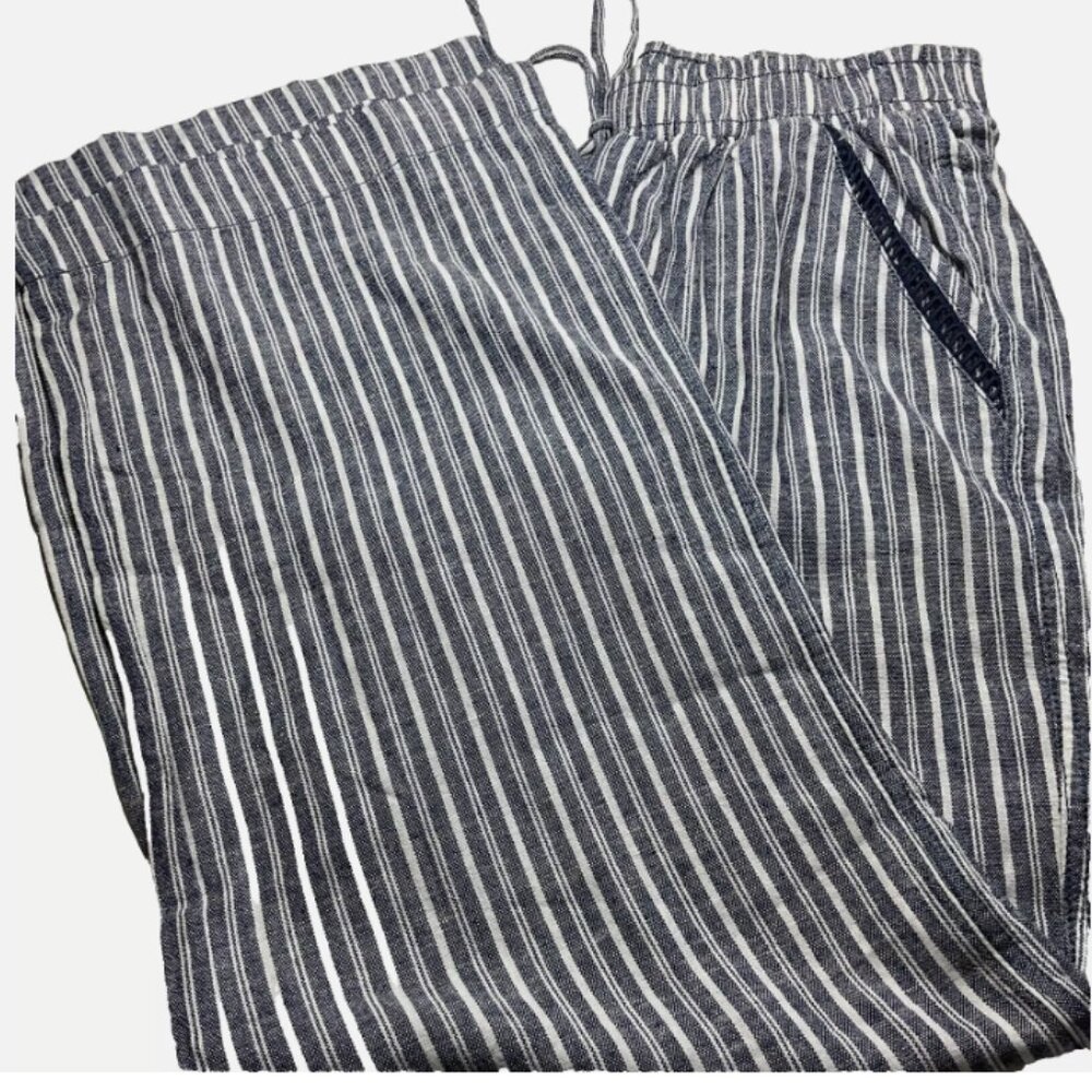 Briggs Pants Womens  Blue Striped Wide-Leg Drawstring Linen Blend Size M